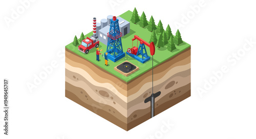 Oil Rig and Pumpjack in Cross Section of Earth.