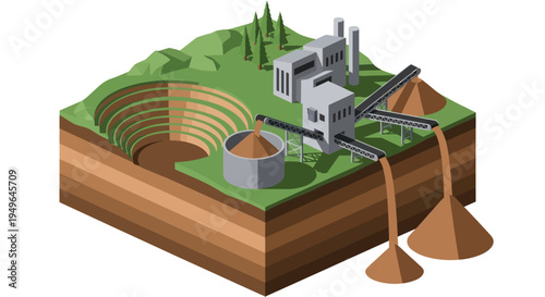 Open pit mine with processing plant and waste piles.