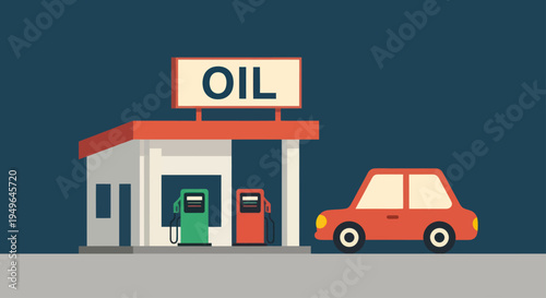 Red Car at Oil Gas Station Flat Design Illustration.