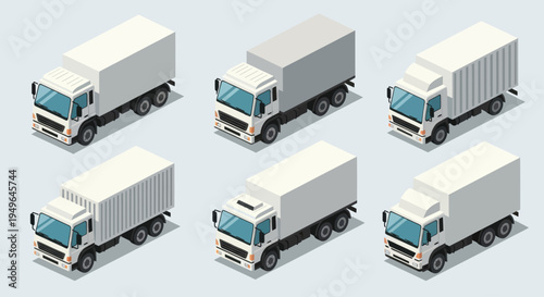 Set of six isometric delivery trucks in various designs.