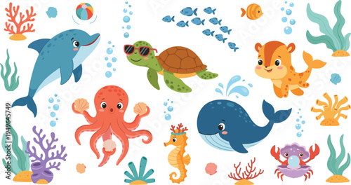 Cute Ocean Animals Collection with Dolphin, Turtle, Octopus, Whale, Seahorse, Crab, Fish and Coral Reef Underwater Cartoon Vector IllustrationCute Ocean Animals Collection with Dolphin, Turtle, Octopu