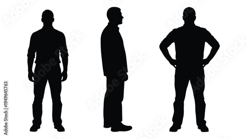 Three black silhouettes of men in different poses