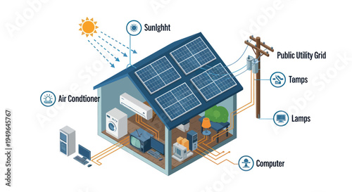 Solar Powered Home Energy System Diagram with Public Utility Grid Connection.
