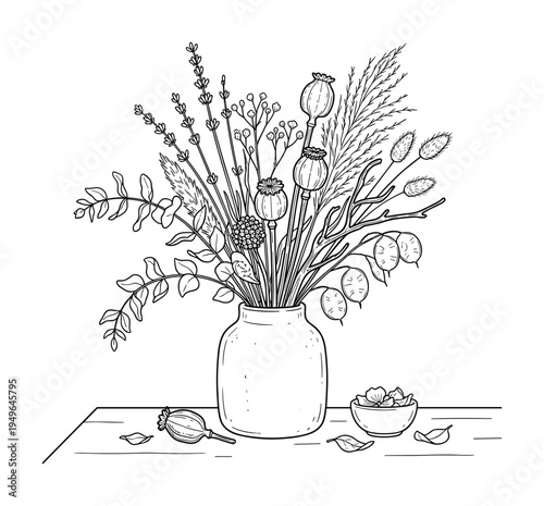 Bouquet of dried flowers in a vase on a table sketch