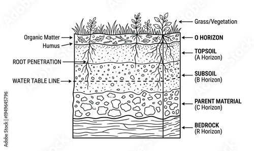 Soil profile cross section showing different horizons with grass roots and water table