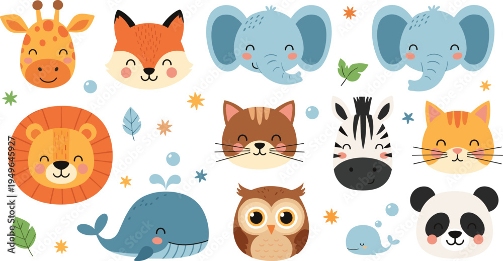 Naklejka premium Cute Safari and Zoo Animals Faces Collection with Lion, Elephant, Giraffe, Panda, Zebra, Fox, Owl and Whale Cartoon Vector IllustrationCute Safari and Zoo Animals Faces Collection with Lion, Elephant,