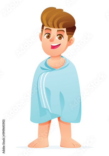 Smiling boy standing wrapped in a light blue towel after bath. Vector cartoon character illustration