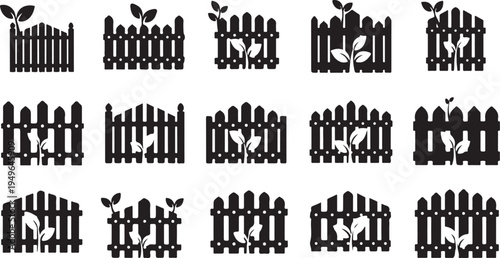 Broken Fence Silhouette with Growing Plants and Leaves