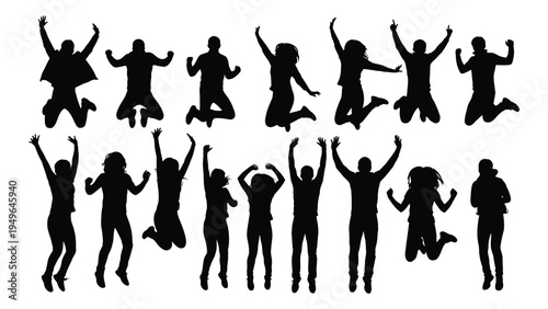 A group of people jumping in the air with their arms raised