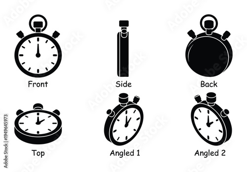 Stopwatch from different angles front side back top and angled views vector illustration