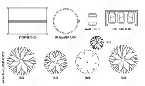 Assortment of garden elements trees and storage solutions top view vector set