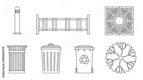 Top view outline icons of street furniture and plants for landscape design