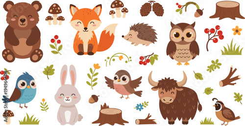 Cute woodland animals vector illustration set with bear fox owl rabbit hedgehog yak and forest elements like mushrooms and tree stumps isolated on white background.Cute woodland animals vector illustr