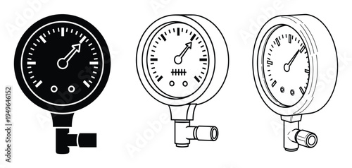 Set of three pressure gauge icons with varying levels, solid and outline styles, monochrome vector illustration