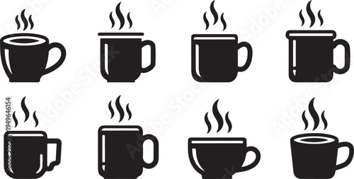 Black coffee cups with steam icons set