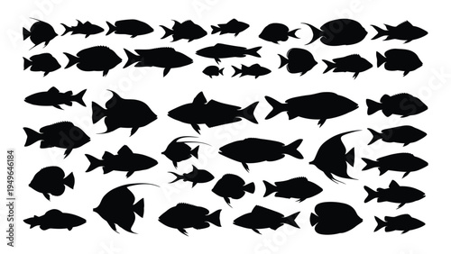 A large group of different fish species silhouettes