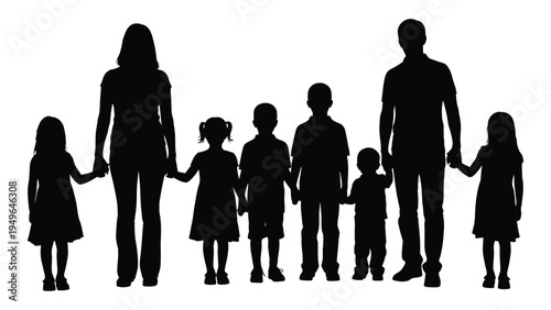 A family of seven people standing together