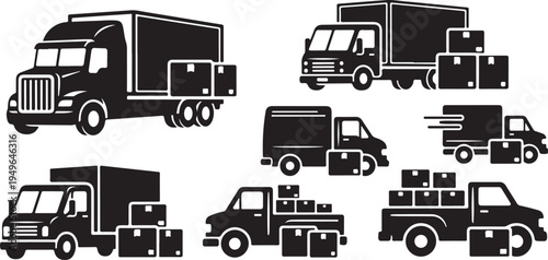 Various Trucks and Cargo Vehicles in Black Silhouette Style