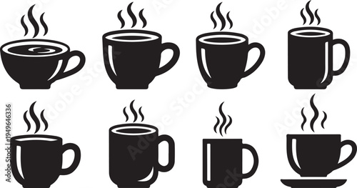 Set of black coffee cups with steam icons