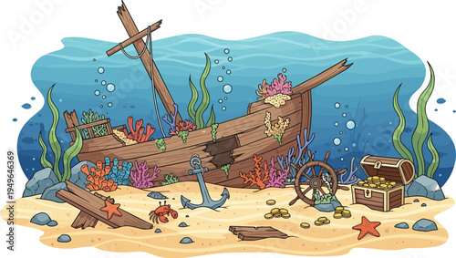 Underwater Shipwreck Scene with Sunken Pirate Ship, Treasure Chest, Coral Reef, Fish, and Marine Life Cartoon Vector IllustrationUnderwater Shipwreck Scene with Sunken Pirate Ship, Treasure Chest, Cor