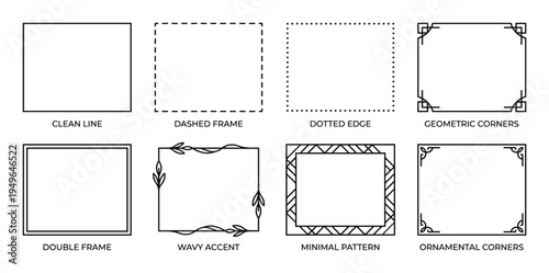 Set of clean line, dashed, dotted, geometric, double, wavy, minimal, and ornamental square frames