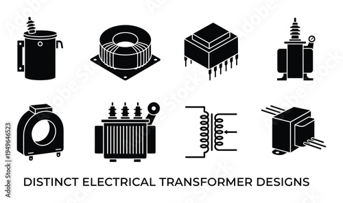 Distinct electrical transformer designs collection including toroidal and power transformers for industrial technology