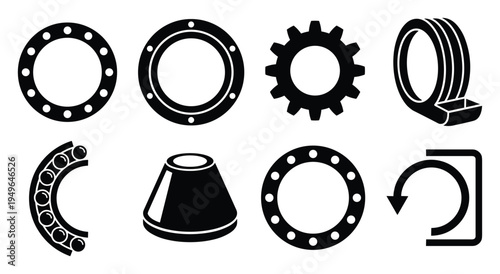 Set of black silhouette industrial spare parts including flange, gear, and bearing