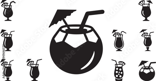 Cocktail icons with umbrella and straw on white background