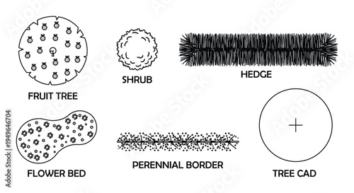 Garden elements collection including fruit tree shrub hedge flower bed perennial border and tree cad outline
