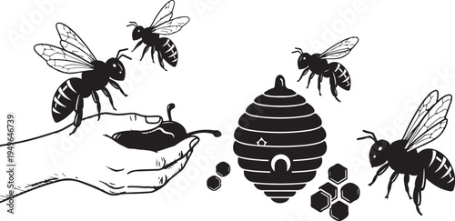 Hand holding honeycomb with bees flying around it