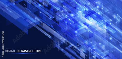 Dynamic digital infrastructure network. Abstract isometric data flow, glowing block, line. AI, blockchain technology concept for server system, big data business innovation. Futuristic blue background