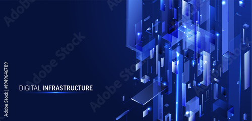 Dynamic vertical digital infrastructure. Abstract tech flow, glowing blocks and lines. AI, big data technology concept for cloud computing, growth communication. Futuristic blue business background