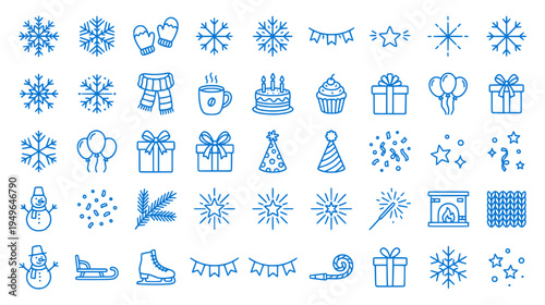 Winter Birthday Party Doodle Icons Set with Snowflakes Cake Gift Boxes and Snowmen