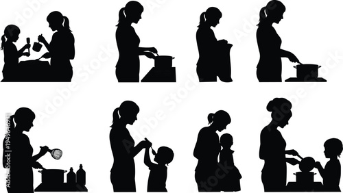 Mother cooking with child silhouettes, family kitchen activity, woman preparing food, domestic chores, parenting, caregiving, teamwork
