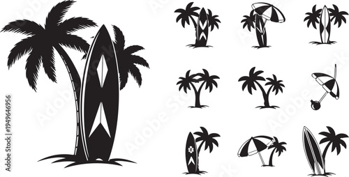 Black Silhouettes of Palm Trees and Surfboards