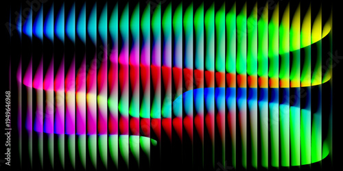 Abstract fluid shapes in vibrant colors behind vertical light streaks on a dark background image photo