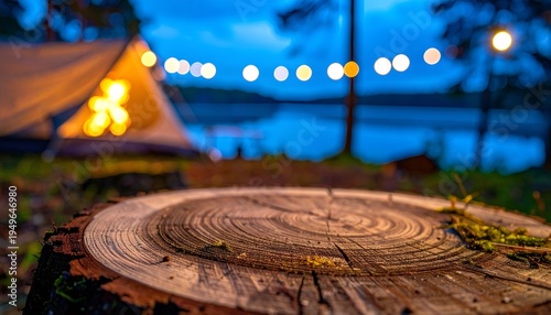 Tree stump at campsite with illuminated tent by lake