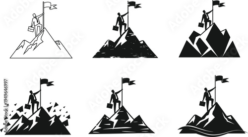 Mountain peak achievement, business success, briefcase silhouette, career goal, flag summit, cad drawing flat vector illustration
