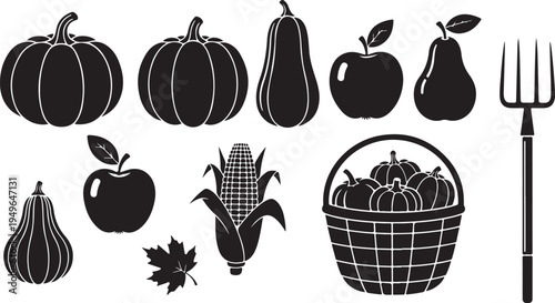 Autumn Harvest Icons and Symbols in Black Silhouette Style
