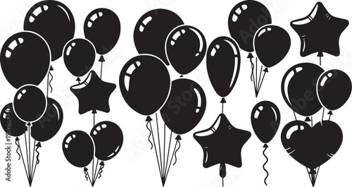 Black balloons and star shapes on white background