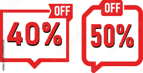 40% 50% Off Sale Discount Badges Set - Red Price Reduction Labels Tags Promotional Marketing Icons for Shopping E-commerce Design
