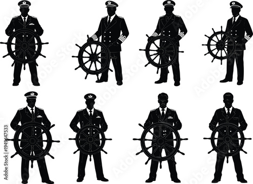 Nautical captain silhouettes steering ship wheel, naval officer uniform, maritime leadership, sailing navigation authority, seafaring control concept