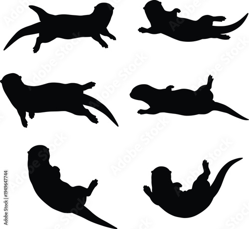 Otter silhouettes, playful animals, aquatic mammals, swimming motion, floating posture, wildlife behavior, nature species, illustration set