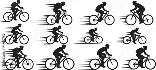 Silhouettes of cyclists in motion on bicycles