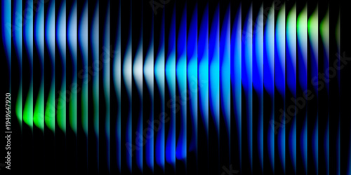 Abstract vertical stripes of vibrant blue green and white light against a dark background image photo