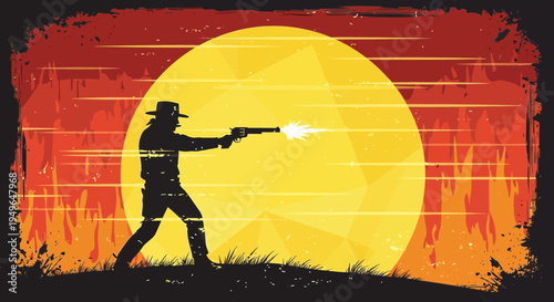 Man in cowboy hat shooting gun.