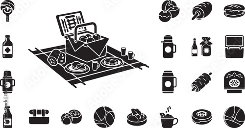 Picnic Food and Drink Items Icon Set Illustration