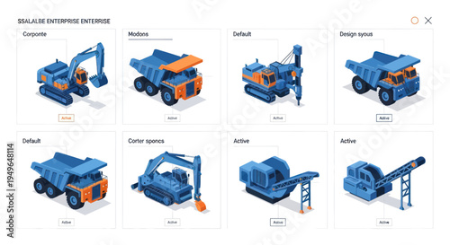 Isometric set of heavy construction and mining machinery.