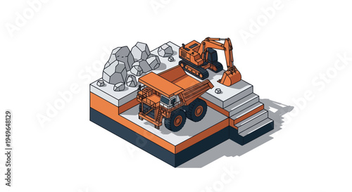 Isometric view of a mining operation with heavy machinery and excavated materials.
