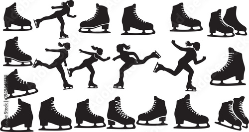Silhouettes of ice skaters and skates in motion graphics